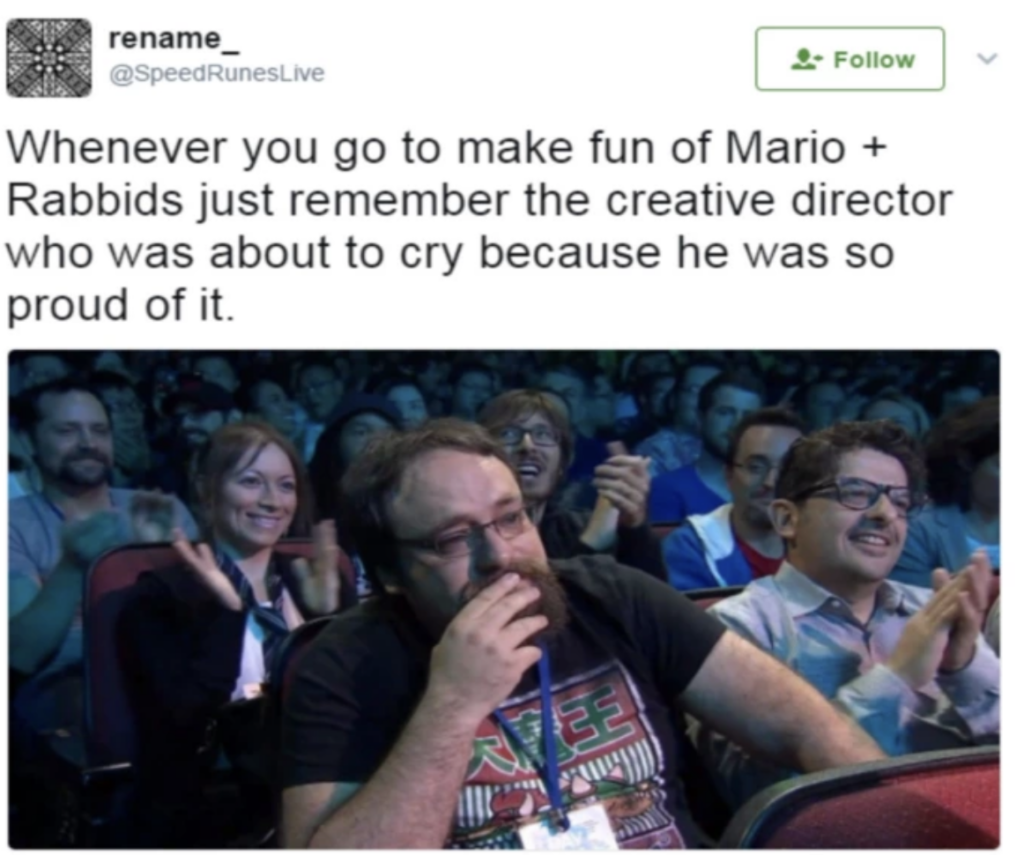 Creative Director of Mario+Rabbids crying because he's so proud of his work. 