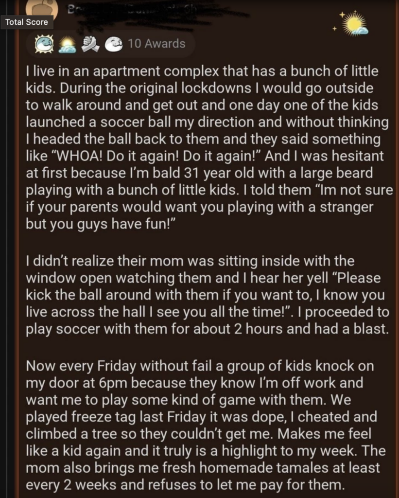 Cute story about a man talentedly heading a soccer ball back to kids. 