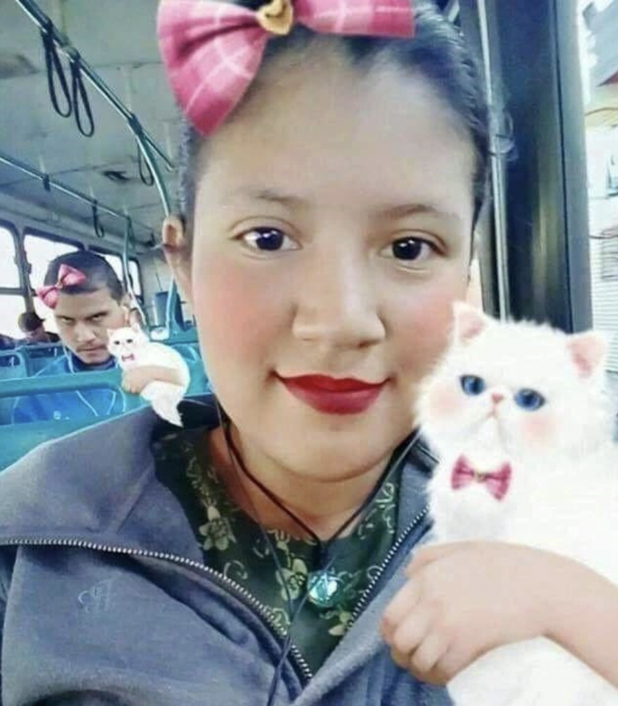 Girl tries to take cute photo with cat filter, but weird looking guy sitting on the bus behind her totally ruins it. 