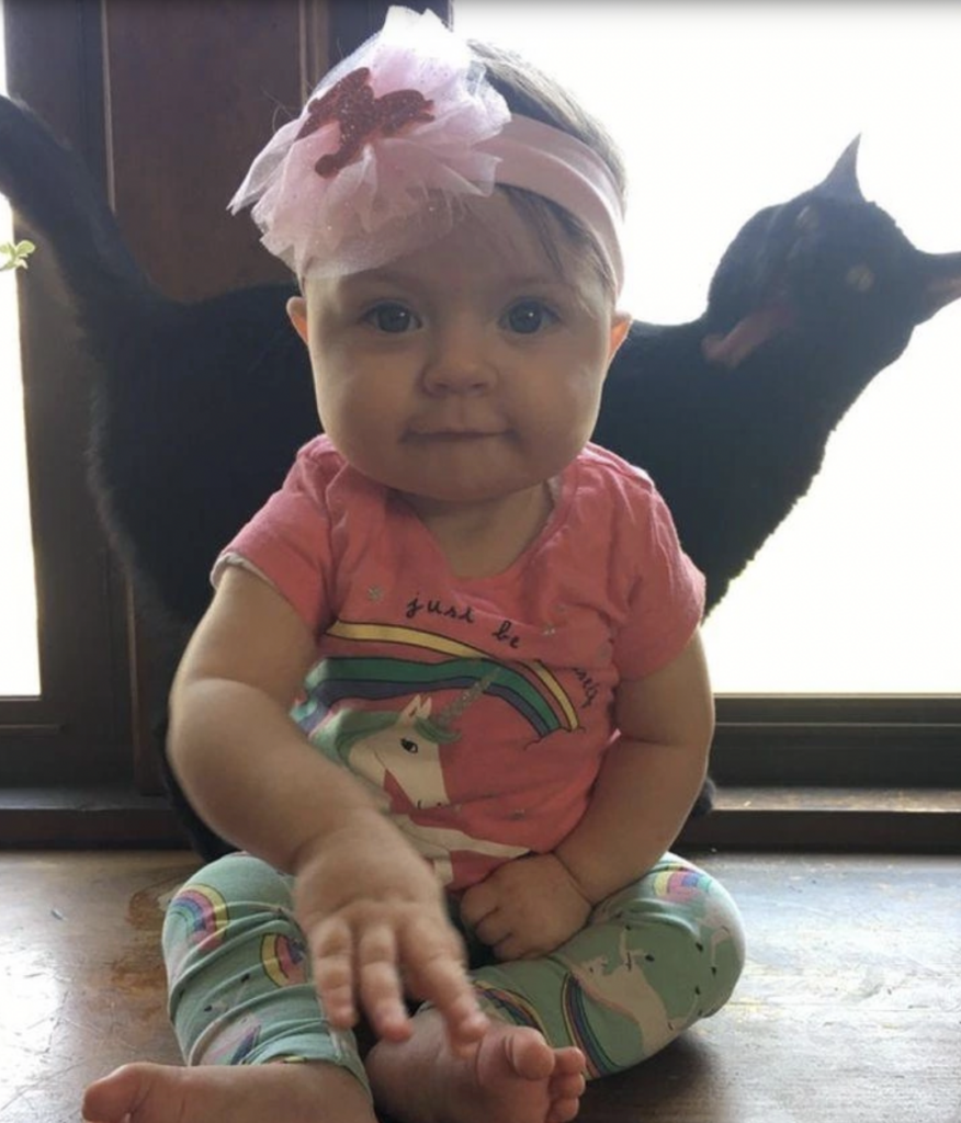 Little girl tries to take cute photo but a black cat makes a strange face behind her. 