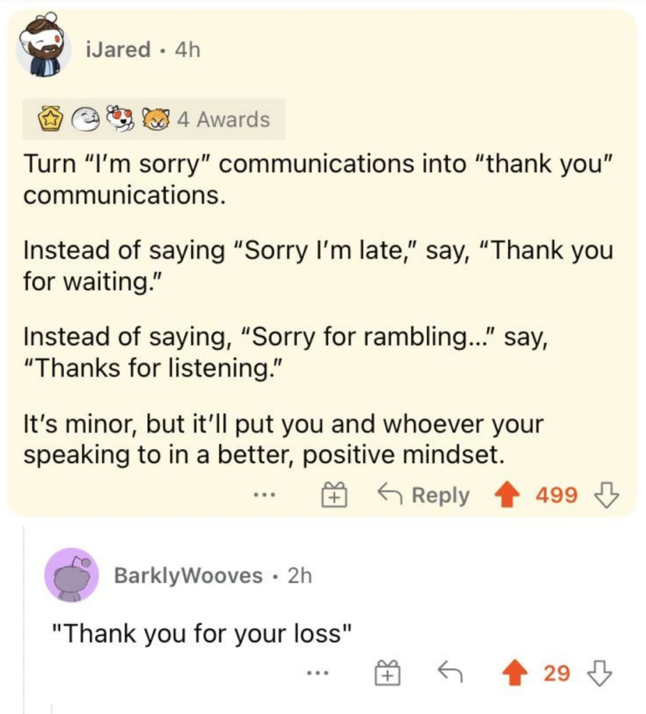Reddit comment screenshot about how to turn apologetic communication style into more diplomatic stance. 