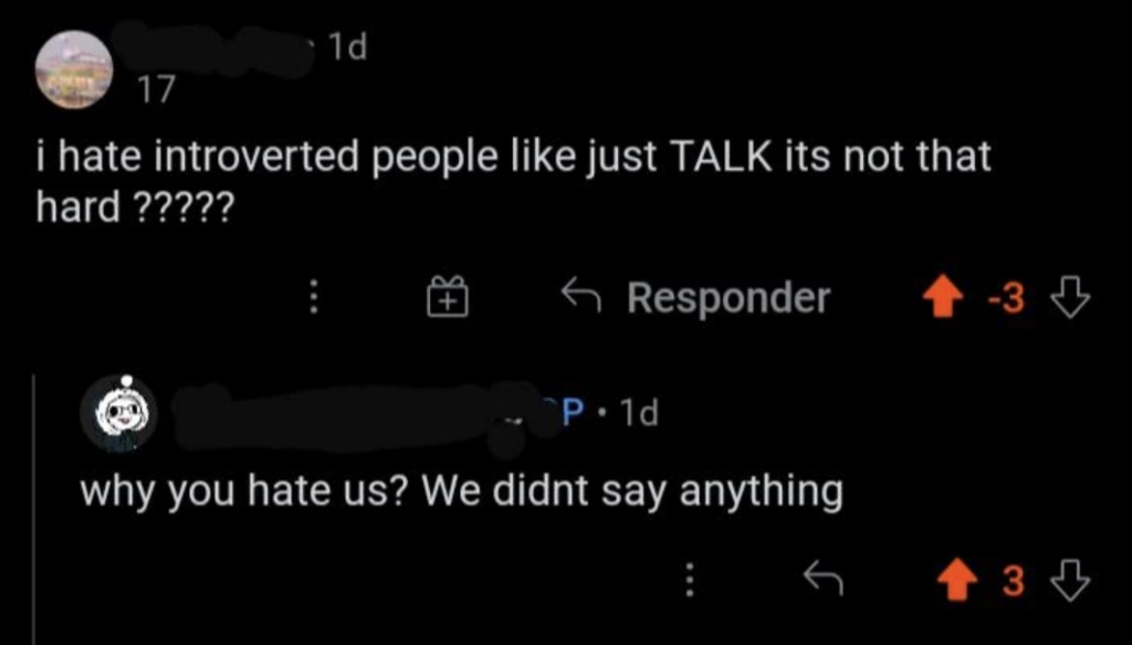 Reddit comments screenshot about how people can get frustrated with introverts being quiet. 