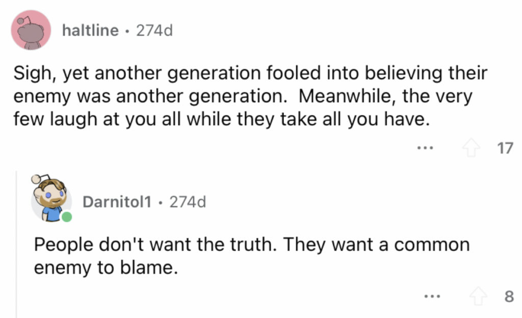 Reddit screenshot about how younger generation doesn't want the hard truth. 