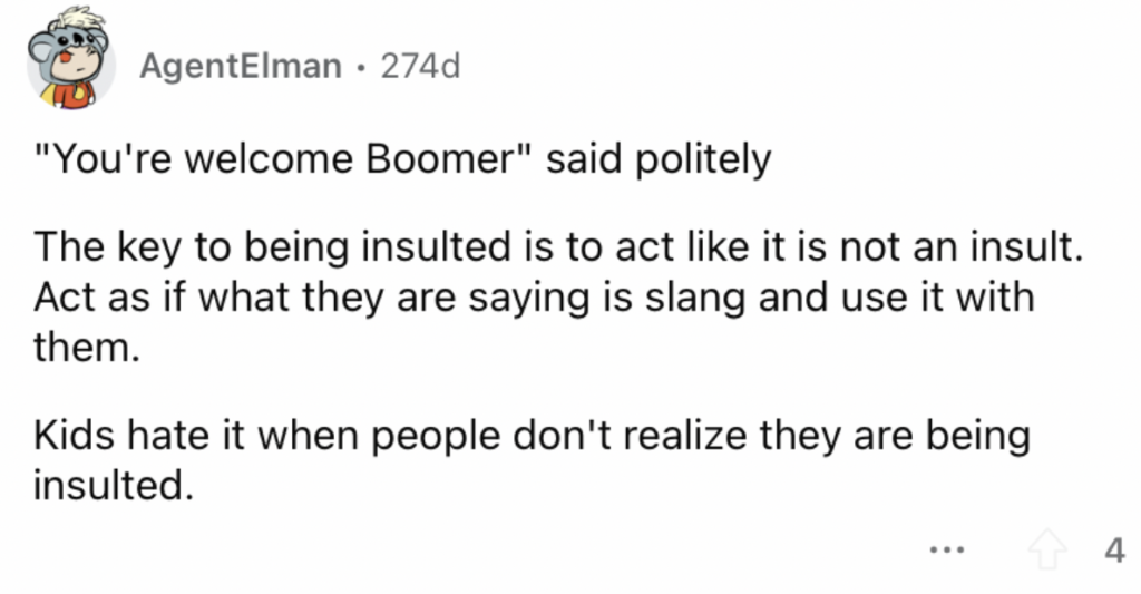 Reddit screenshot about trying to confuse someone who says ok boomer. 
