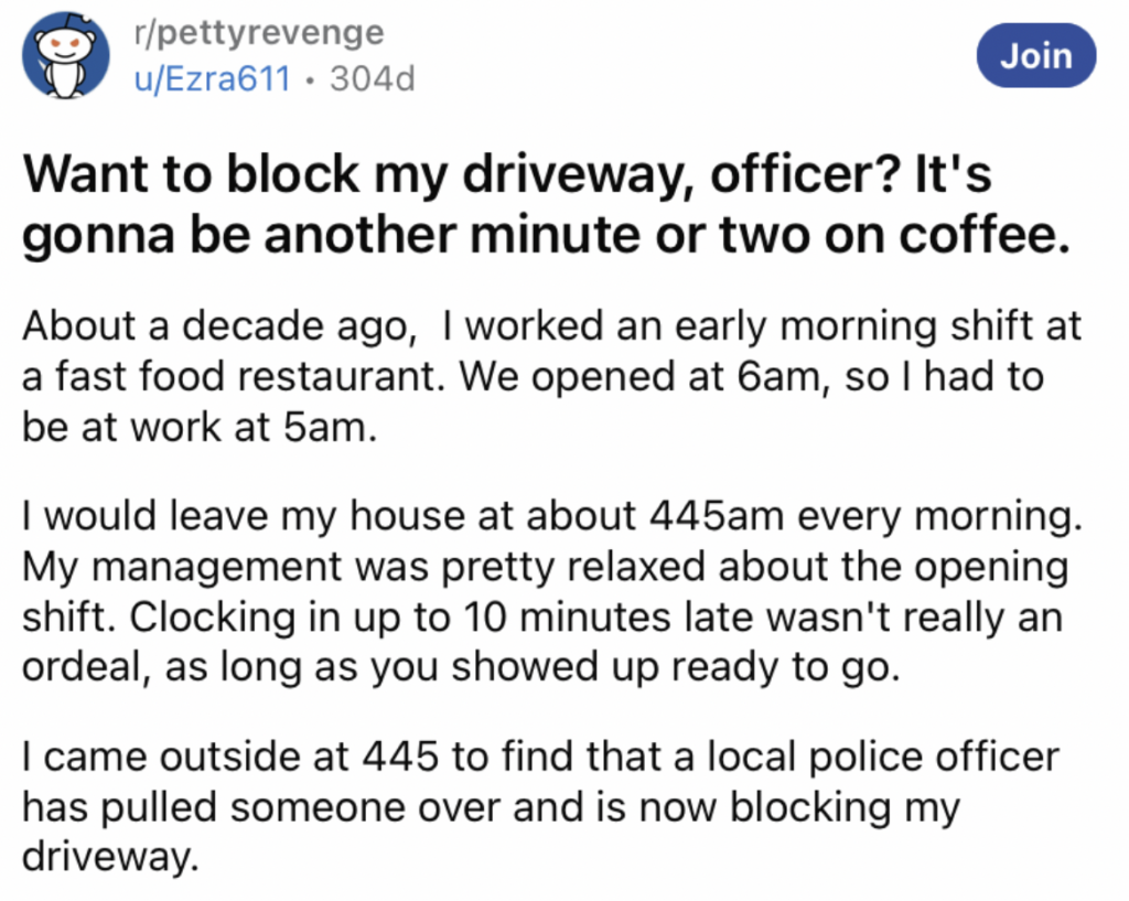 Reddit screenshot about an inconsiderate officer who blocked a barista's driveway. 