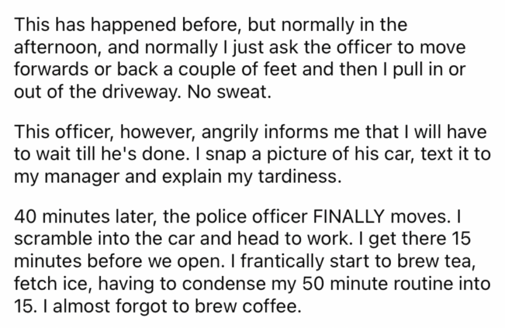 Reddit screenshot from barista saying that they have been blocked in on their driveway before. 