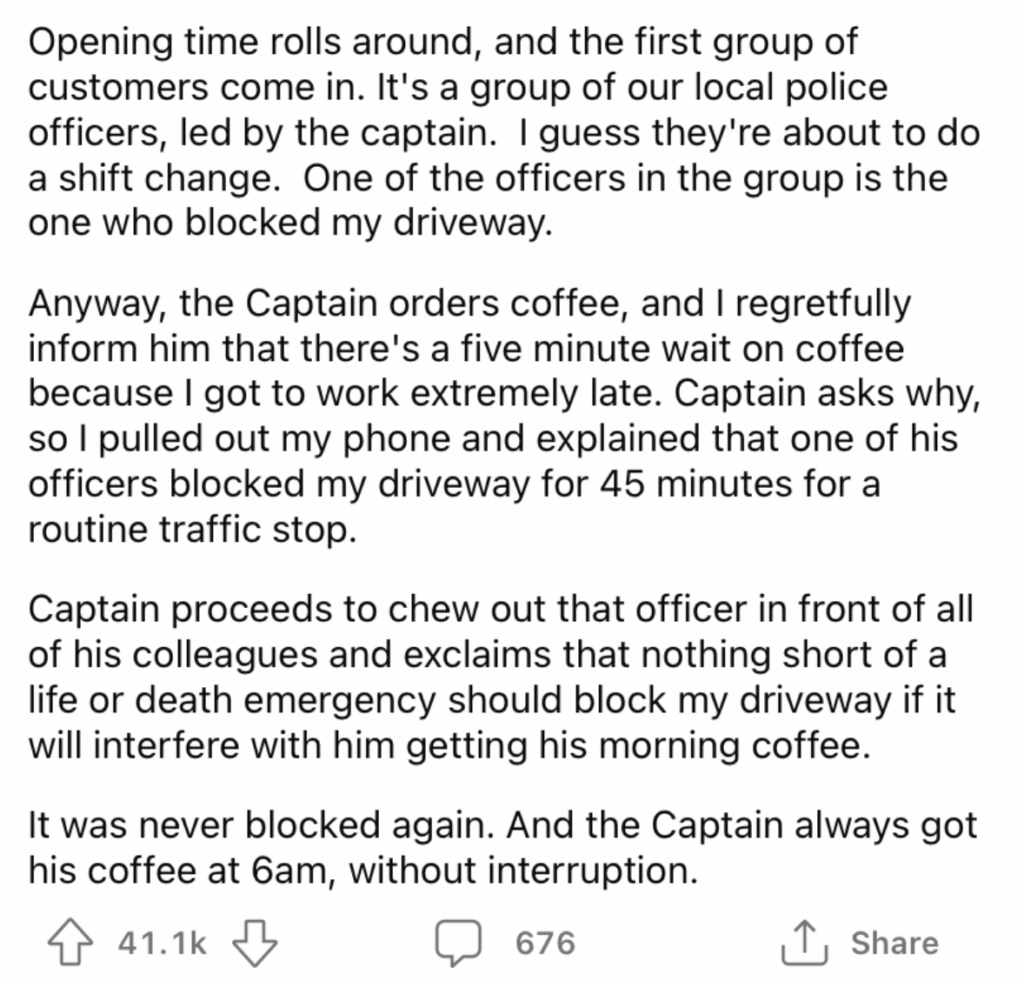 Reddit screenshot about how when opening time rolled around to open the cafe, they end up seeing the same officer from earlier. 