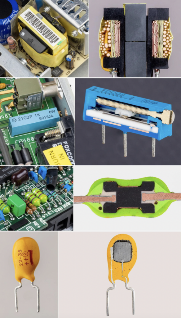 Close-up images of various electronic components that have been cut in half. 