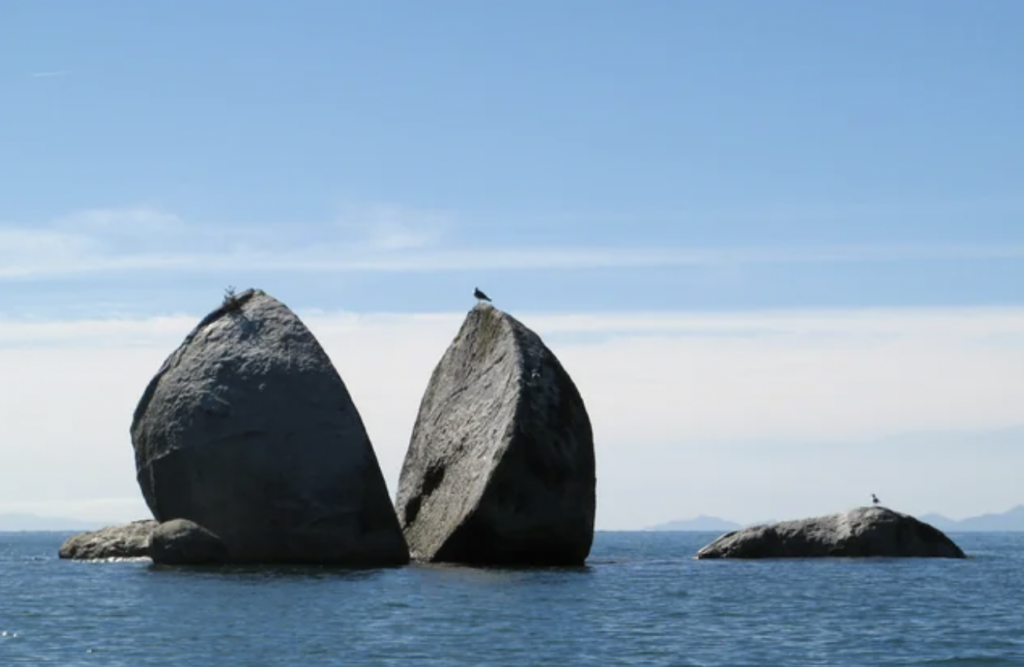 Image of a bird perched on top of what looks like a giant rock in the ocean that's been split in two. 