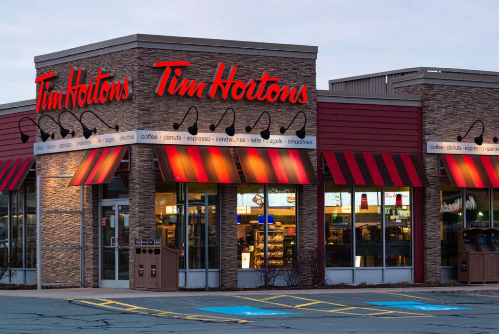 The outside of a Tim Hortons restaurant. 