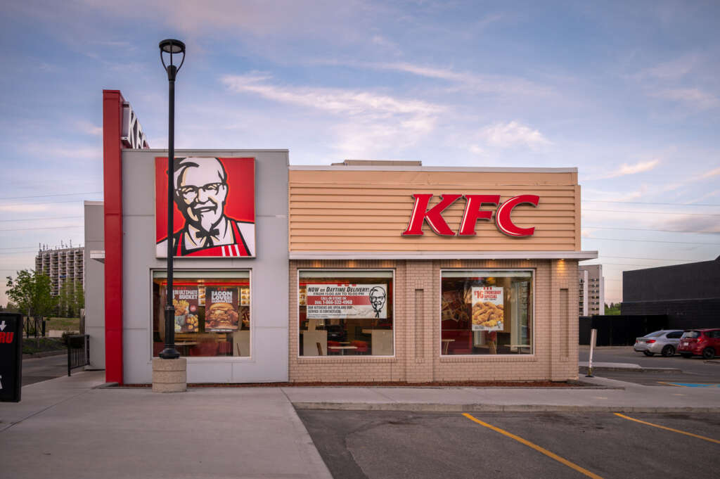 The outside of a KFC restaurant. 