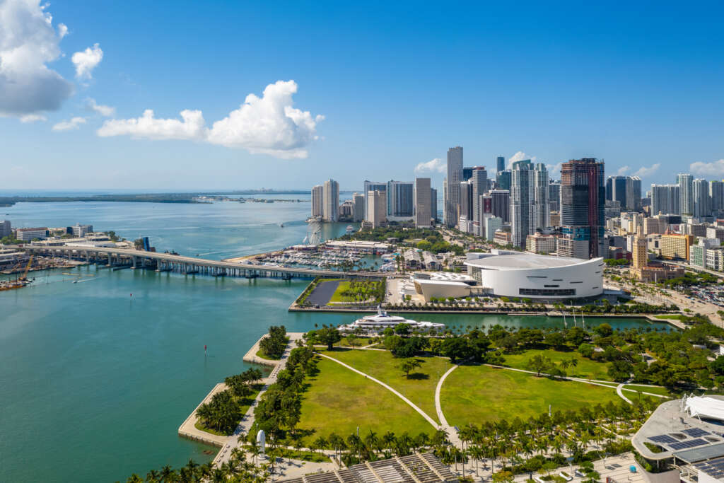 A drone shot of Miami on a blue sky sunny day. 