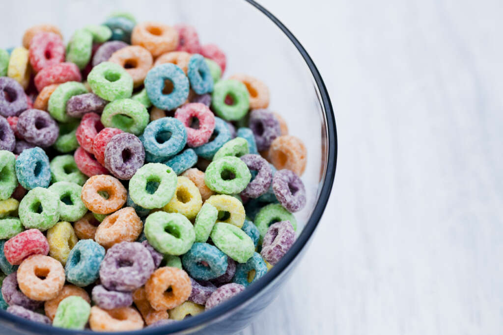 A bowl of sugary cereal. 