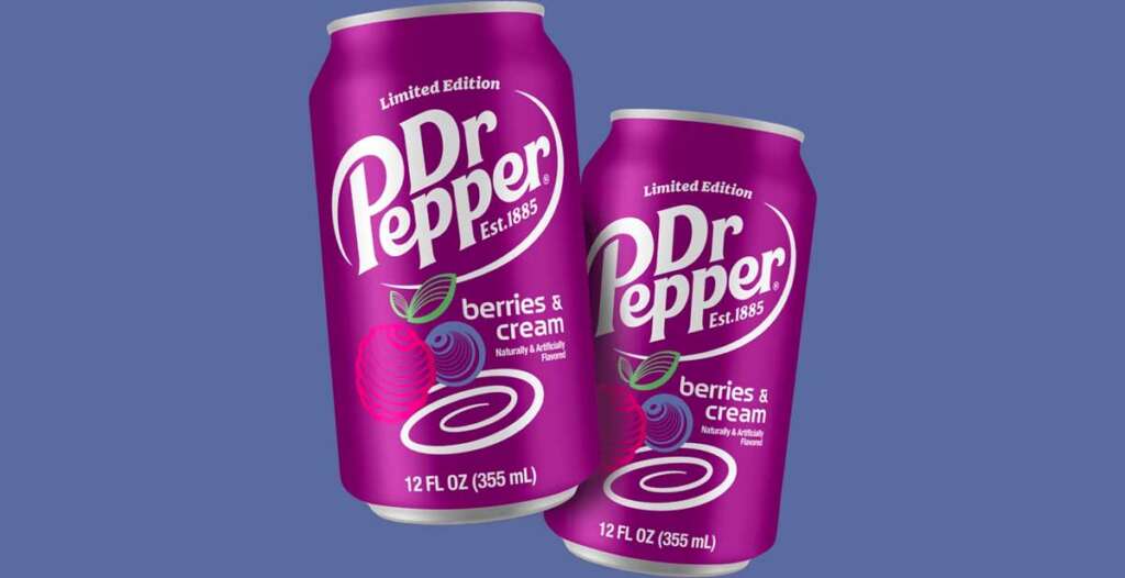 Two cans of limited edition berries and cream Dr. Pepper. 