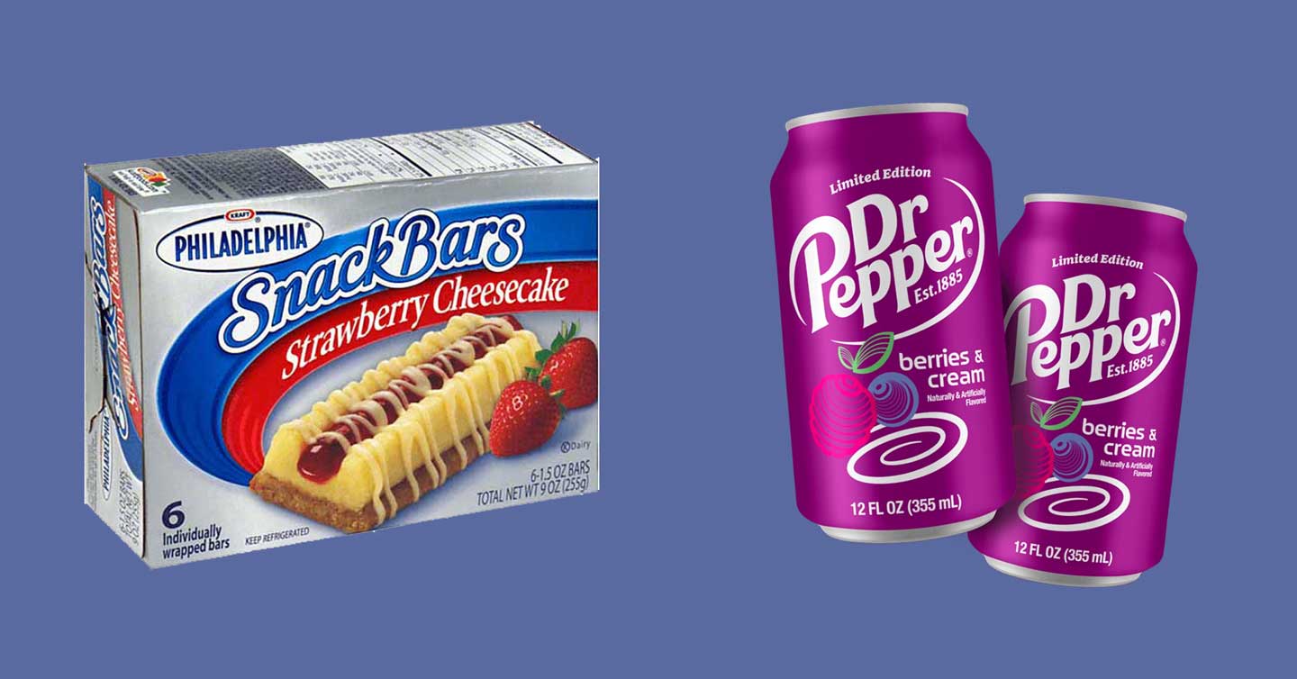 Two discontinued snacks side by side. The Philadelphia Cream Cheese and the Dr. Pepper Berries and Cream