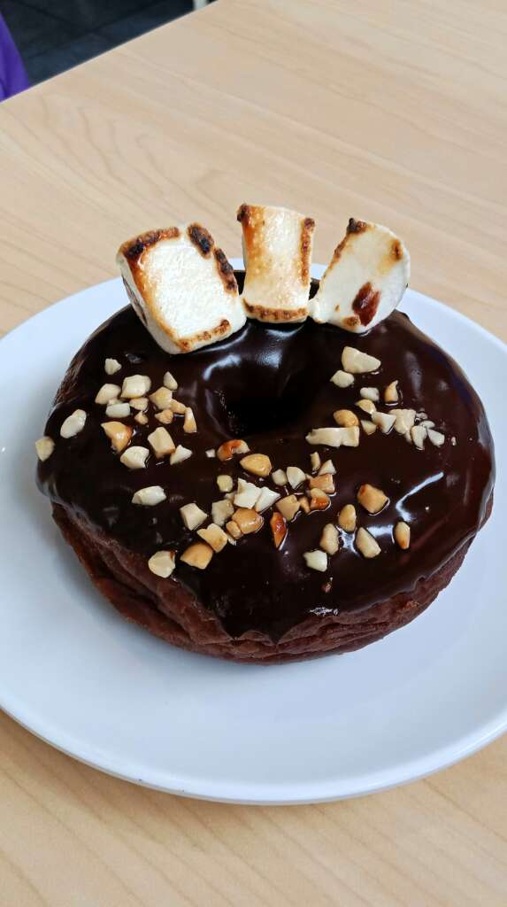 A chocolate-glazed donut with nuts sprinkled on it. 