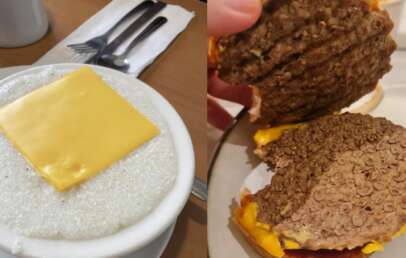 A collage of a bowl of grits with a slice of cheese on top of it, next to an image of a gross looking patty.