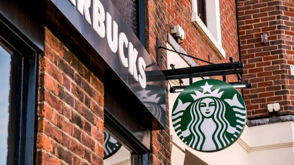 An image of the outside of a Starbucks store. 