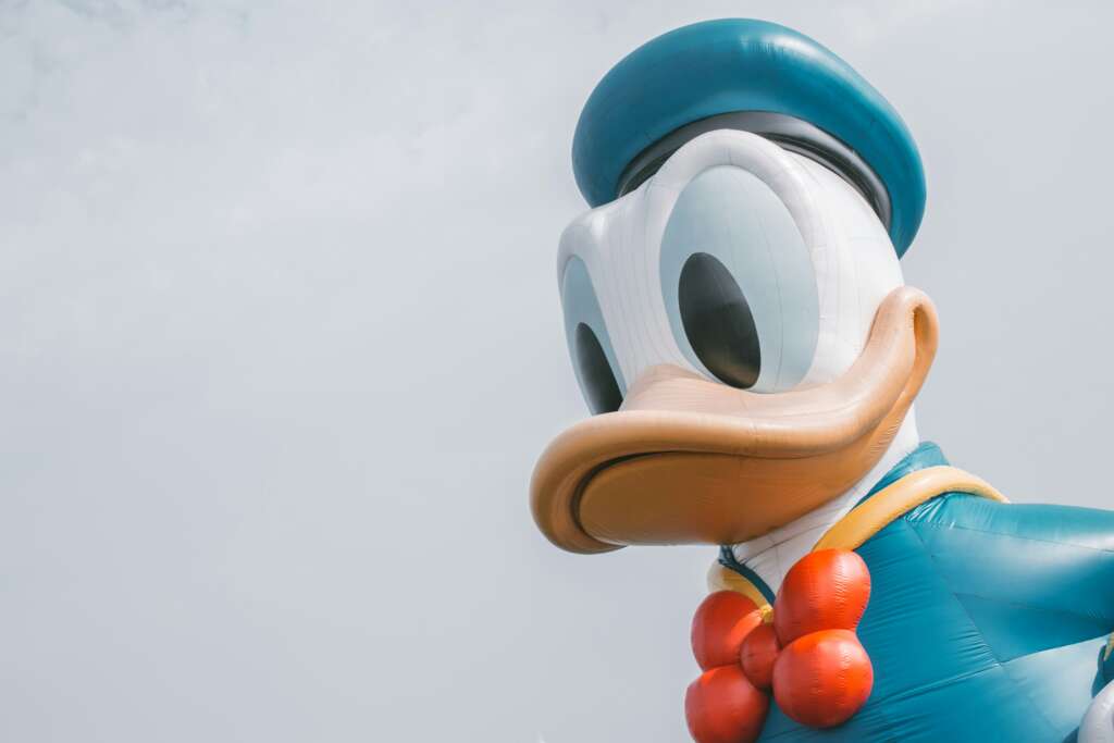 An image of Donald Duck inflatable at Disneyland. 