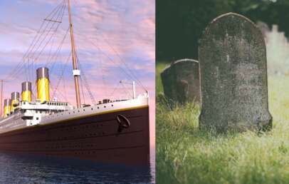 An image of the Titanic next to an image of a gravestone.