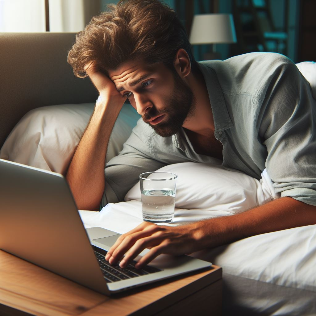 An AI image of a hungover man typing on his computer to get out of work. 