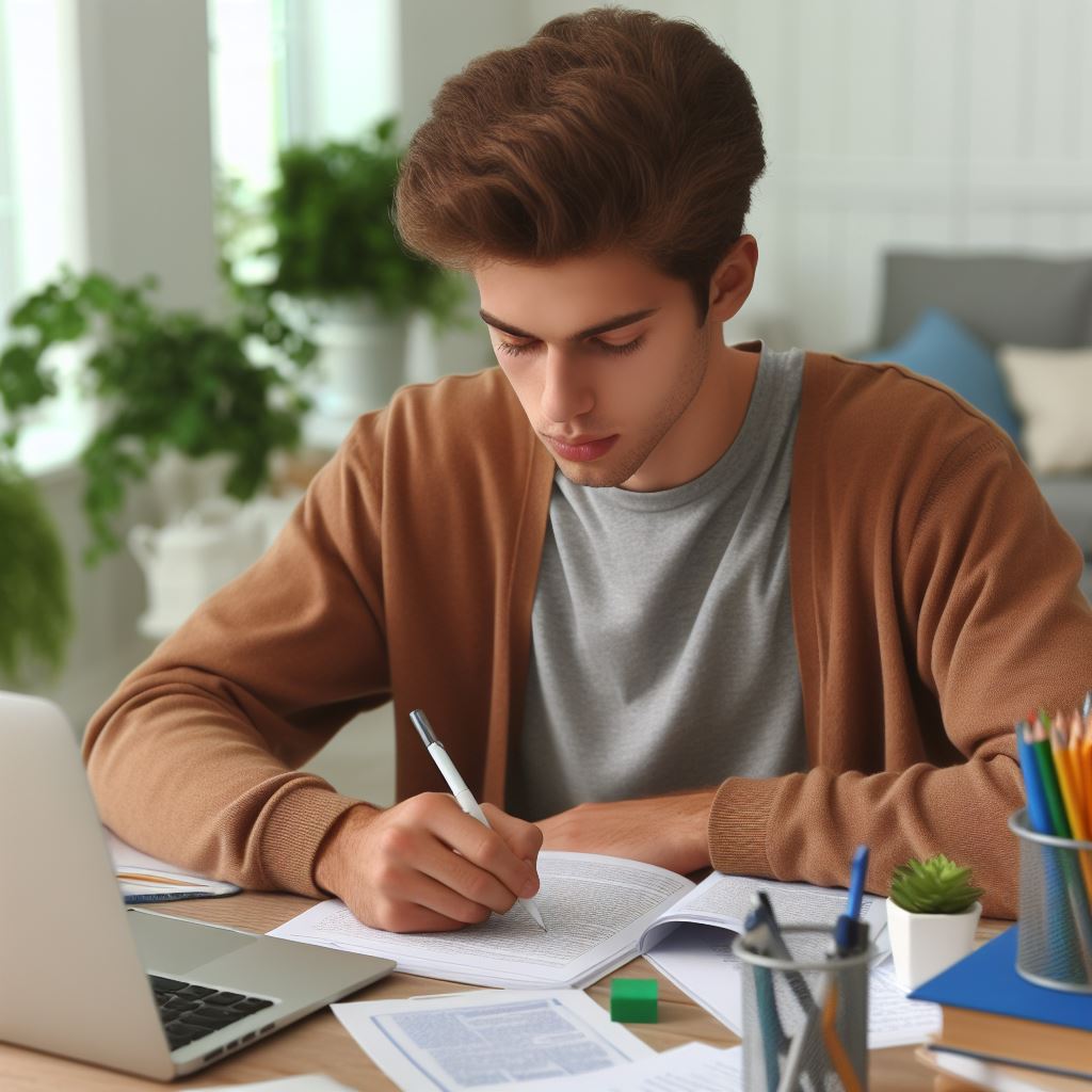 A young college student working on a study guide. 