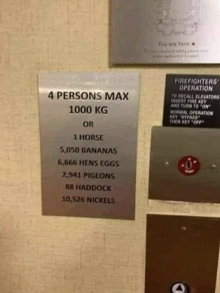 An image of a sign outside of an elevator that tried to avoid the metric system. 