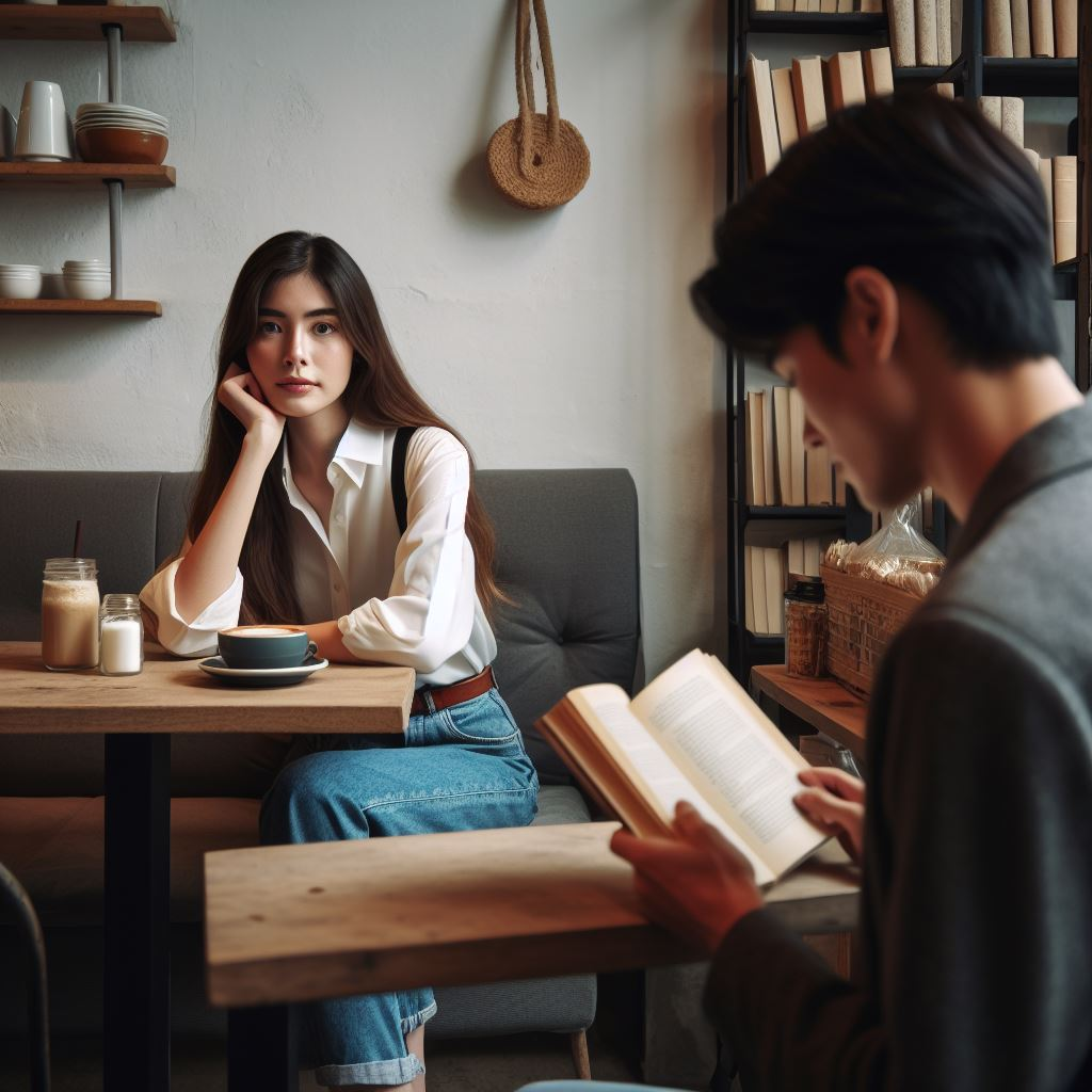 An image of someone staring at another person reading. 