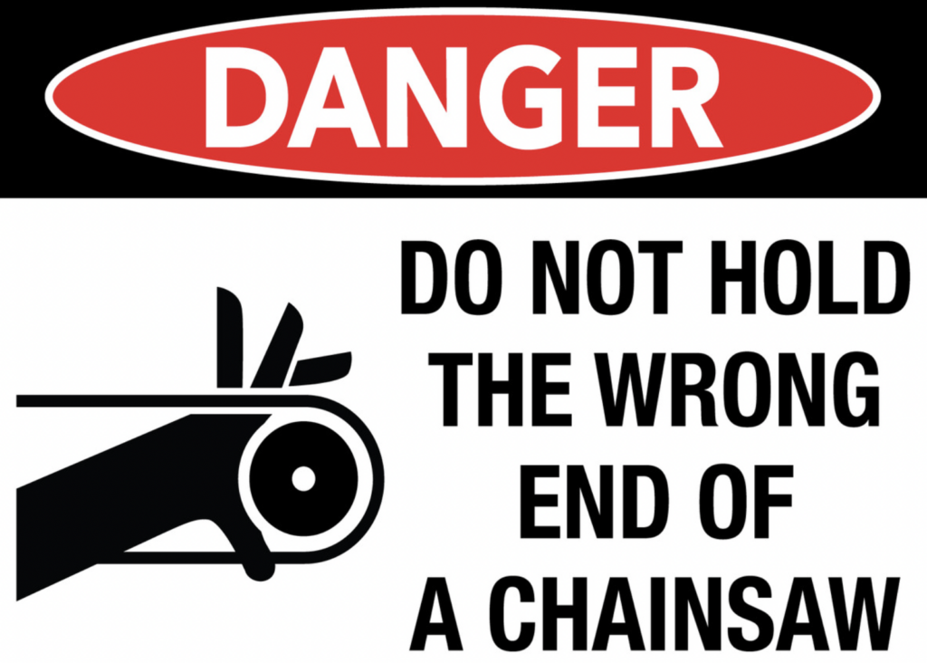 A safety label for a chainsaw. 