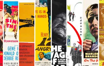 A collage of the vertical strips of movie posters from the best films of the 1950s