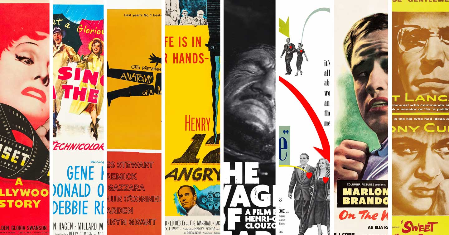 A collage of the vertical strips of movie posters from the best films of the 1950s