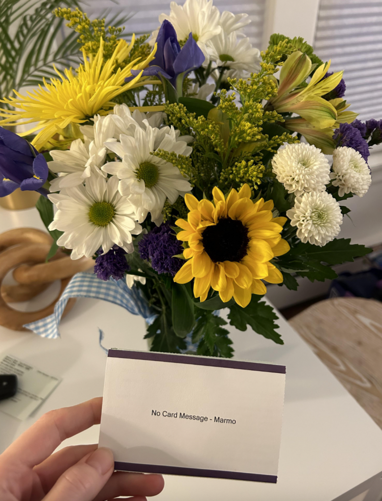 An image of a bouquet of flowers that someone's grandma sent them. 