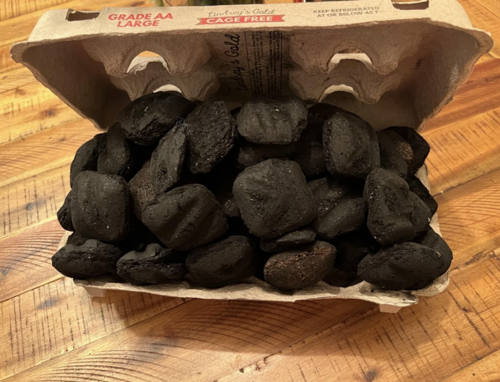 An image of someone who used an egg carton for collecting charcoal. 