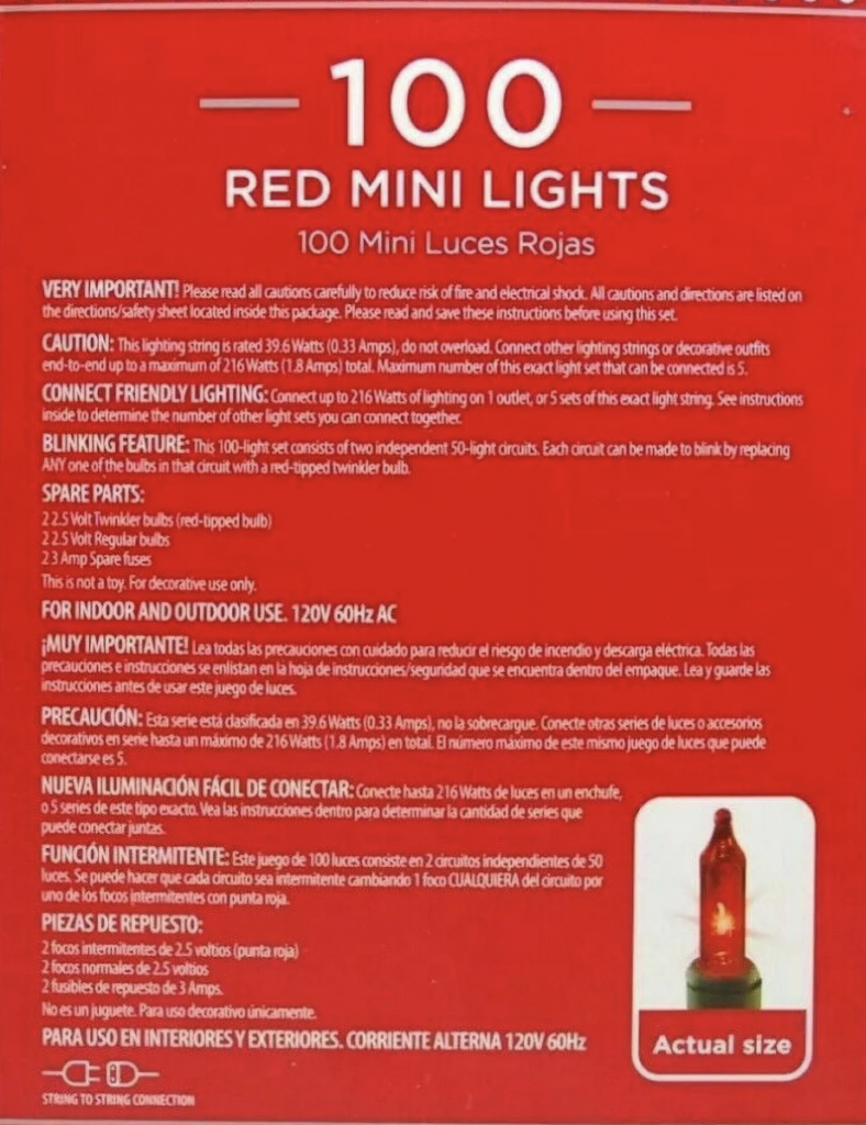 An image of a Christmas light warning label. 