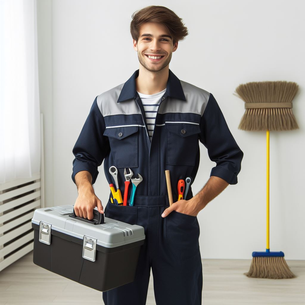 A young man in a maintenance uniform. 