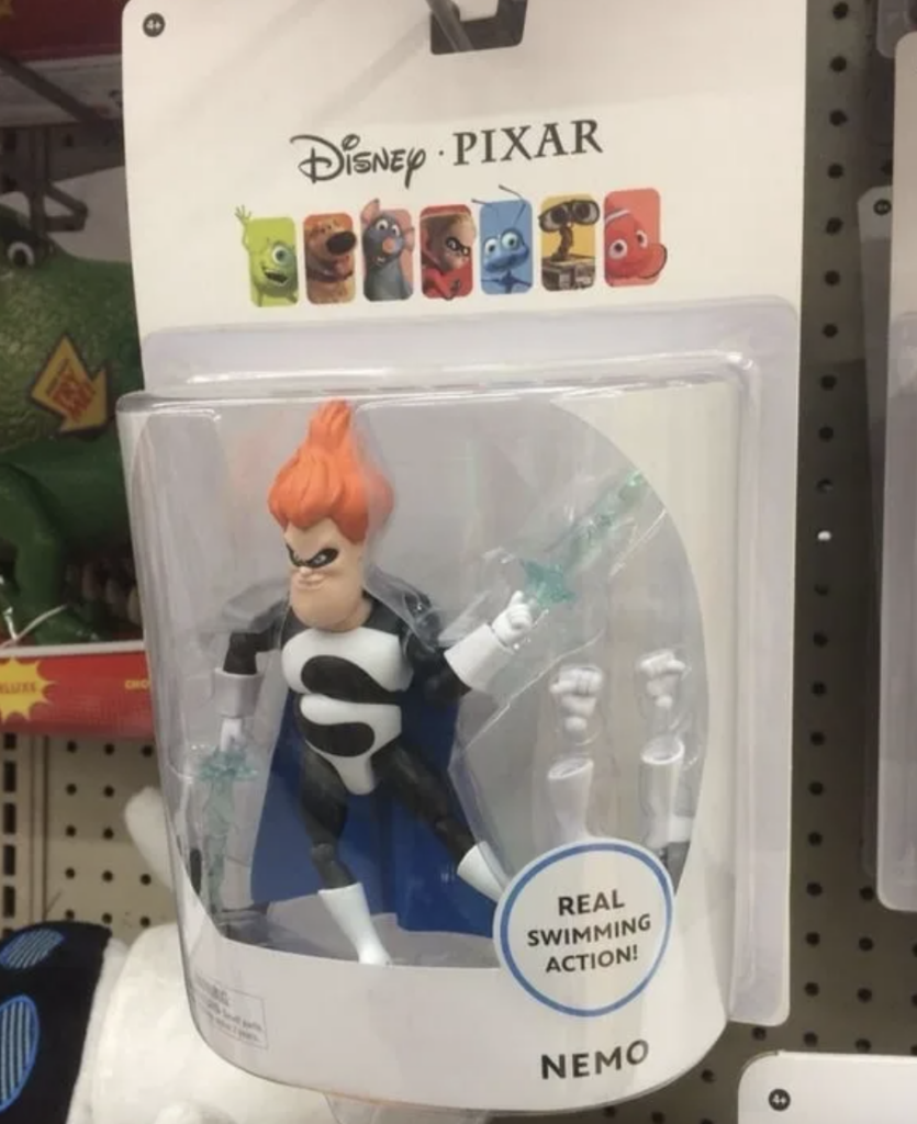 An image of an Incredibles action figure in a Finding Nemo box. 