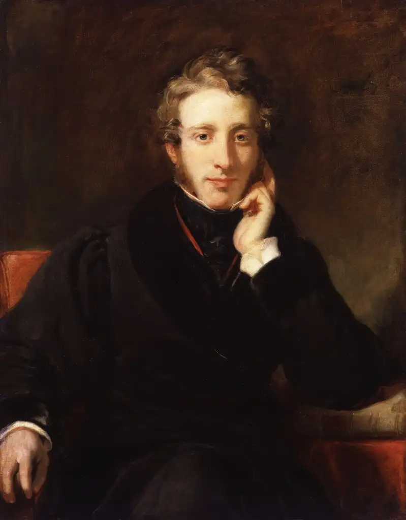 A portrait painting of a man with curly light brown hair, sitting and resting his head on his left hand. He is wearing a dark coat and a white shirt with a black necktie. The background is dark and features a hint of a chair on his right side.