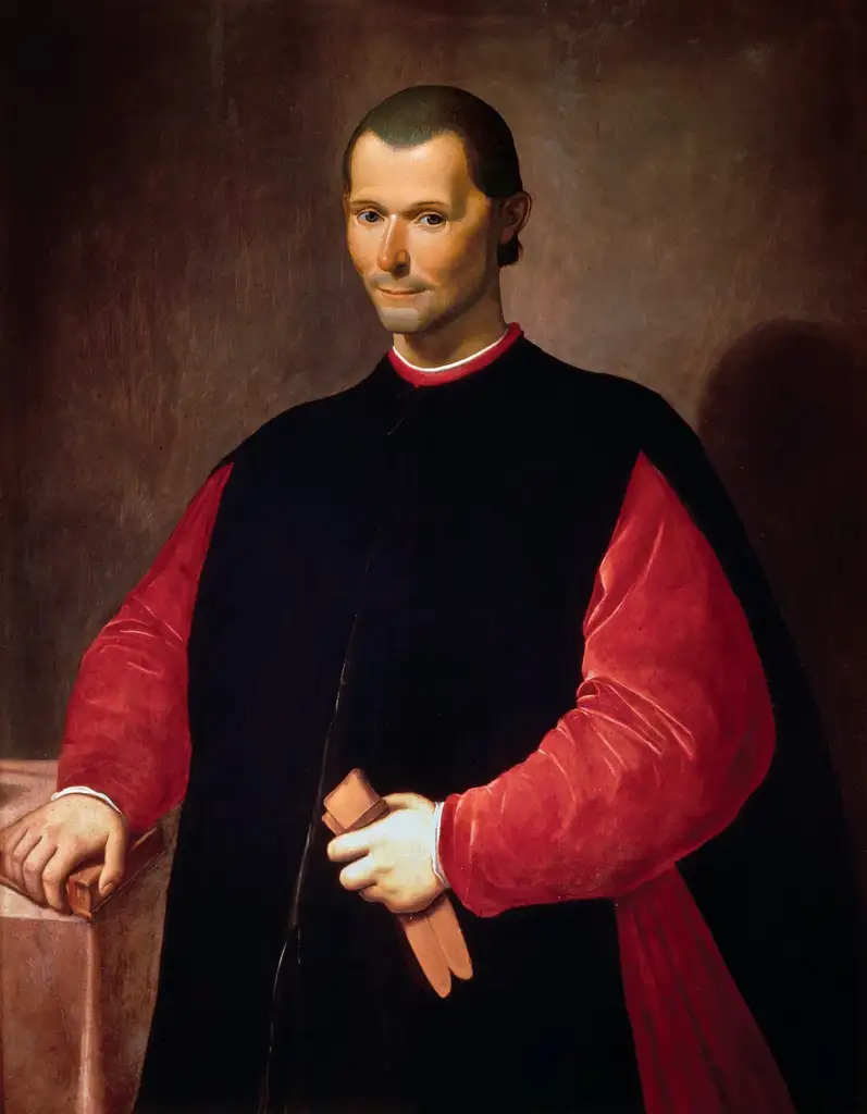 A detailed painting depicts a middle-aged man with a slightly stern expression. He has short hair and is dressed in a dark robe over a vibrant red garment. He holds a book and rests his hand on a surface, while gazing directly towards the viewer.