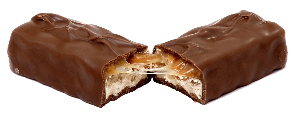 A chocolate bar cut in half, revealing layers of nougat and caramel inside, with the caramel stretching slightly between the two halves. The outer layer is smooth milk chocolate.