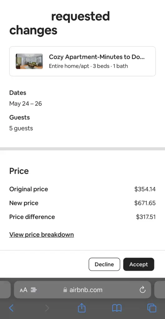 Screenshot of an Airbnb booking change request. The listing is for a "Cozy Apartment - Minutes to Downtown" with 3 beds and 1 bath. Revised dates: May 24-26, for 5 guests. Price change from $354.14 to $671.65, with a difference of $317.51. Decline and Accept buttons shown.