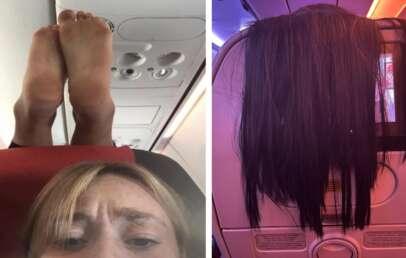 A passenger with their exposed feet on flight next to an image of a passenger with her hair covering up another passenger's screen.