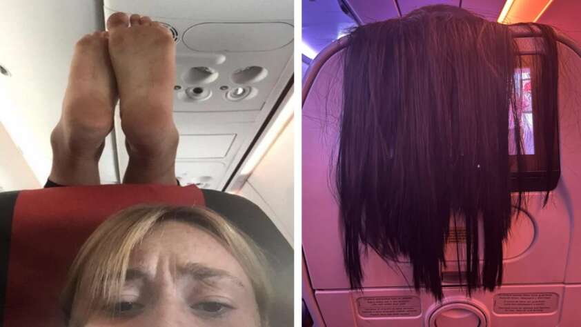 A passenger with their exposed feet on flight next to an image of a passenger with her hair covering up another passenger's screen.