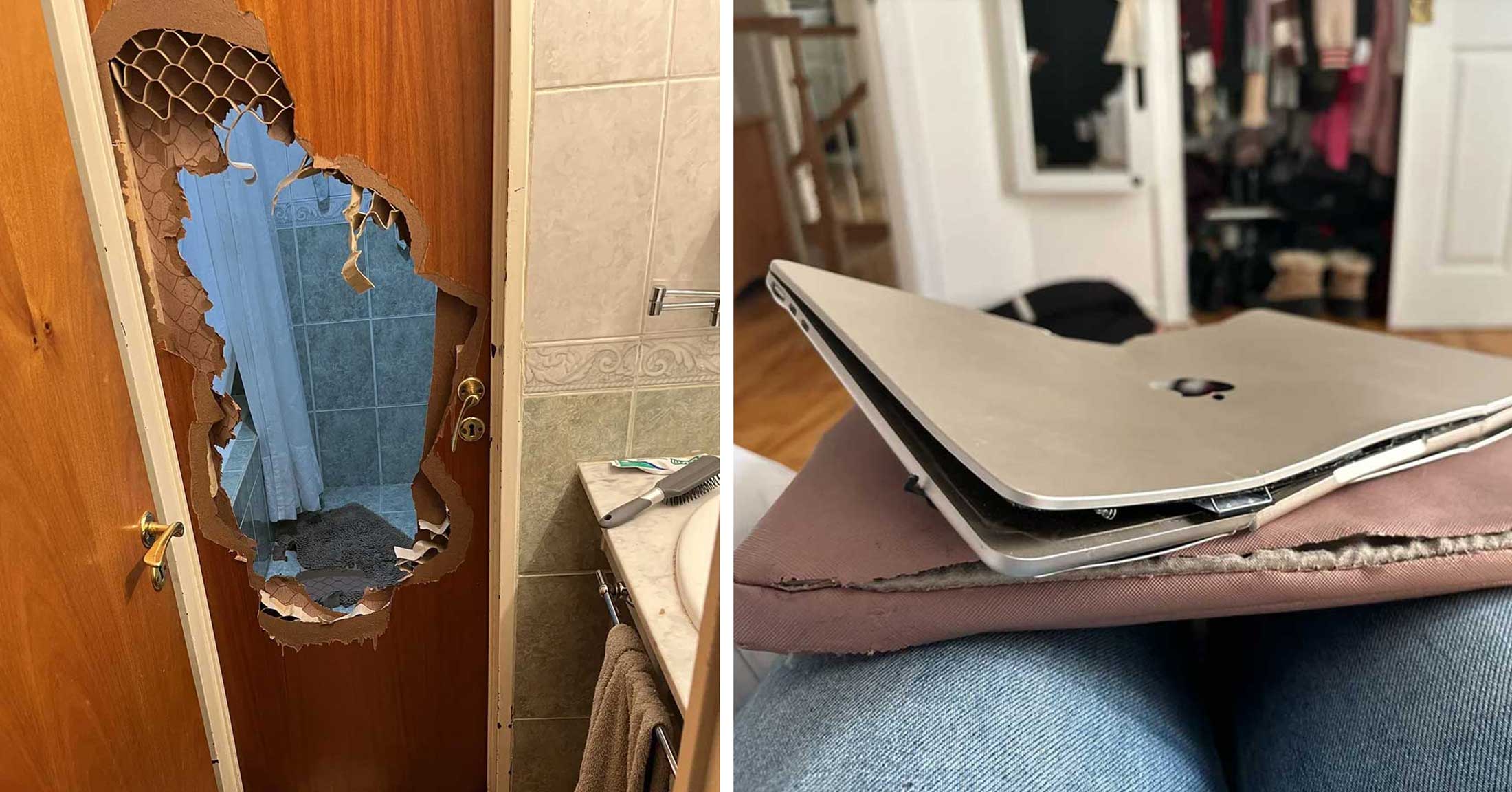 A bathroom door that someone had to break down and a busted MacBook Air