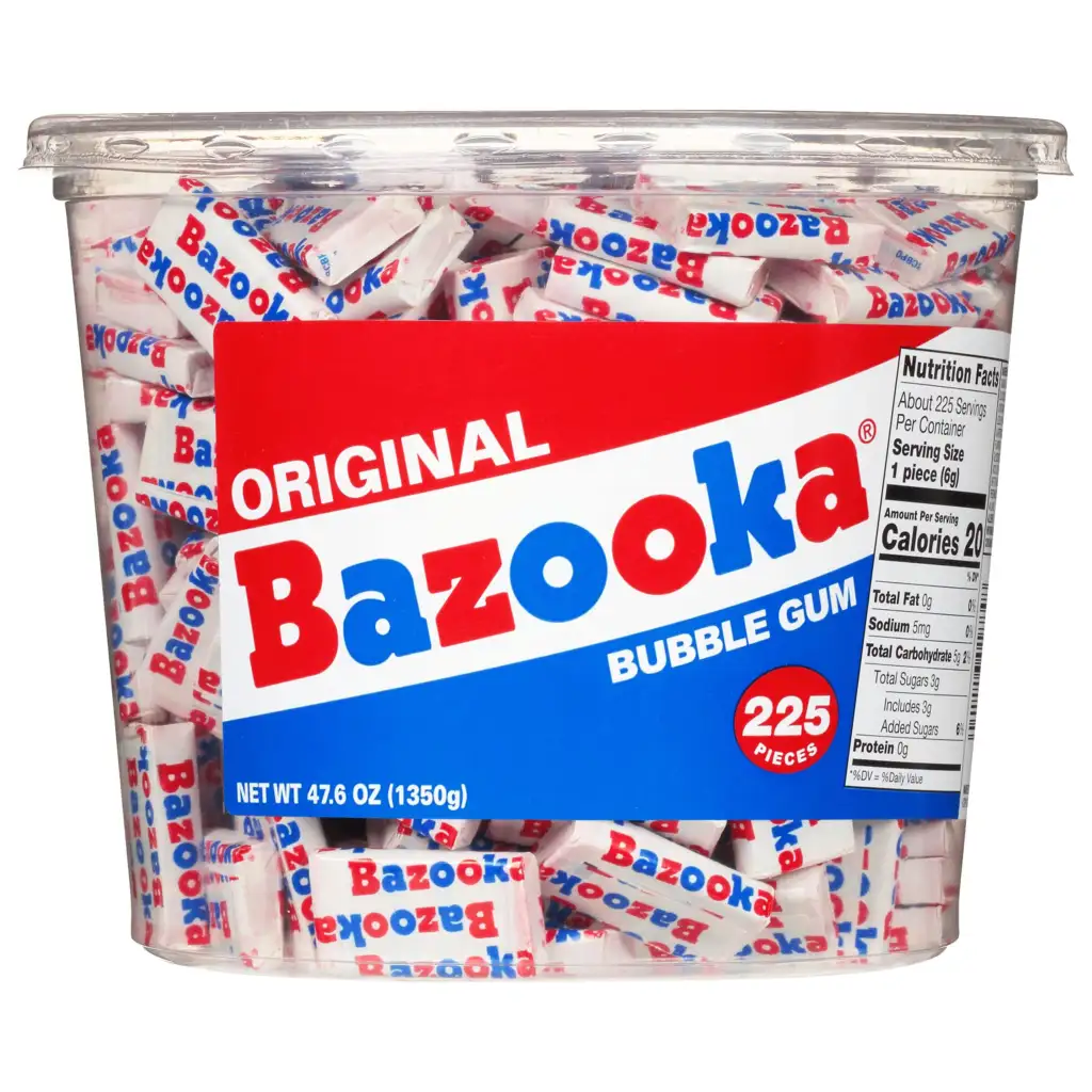 A large, clear plastic tub filled with individually wrapped pieces of Bazooka bubble gum. The tub has a red and blue label that reads "Original Bazooka Bubble Gum" and "225 pieces". The net weight is 47.6 oz (1350g), and nutritional information is visible on the side.