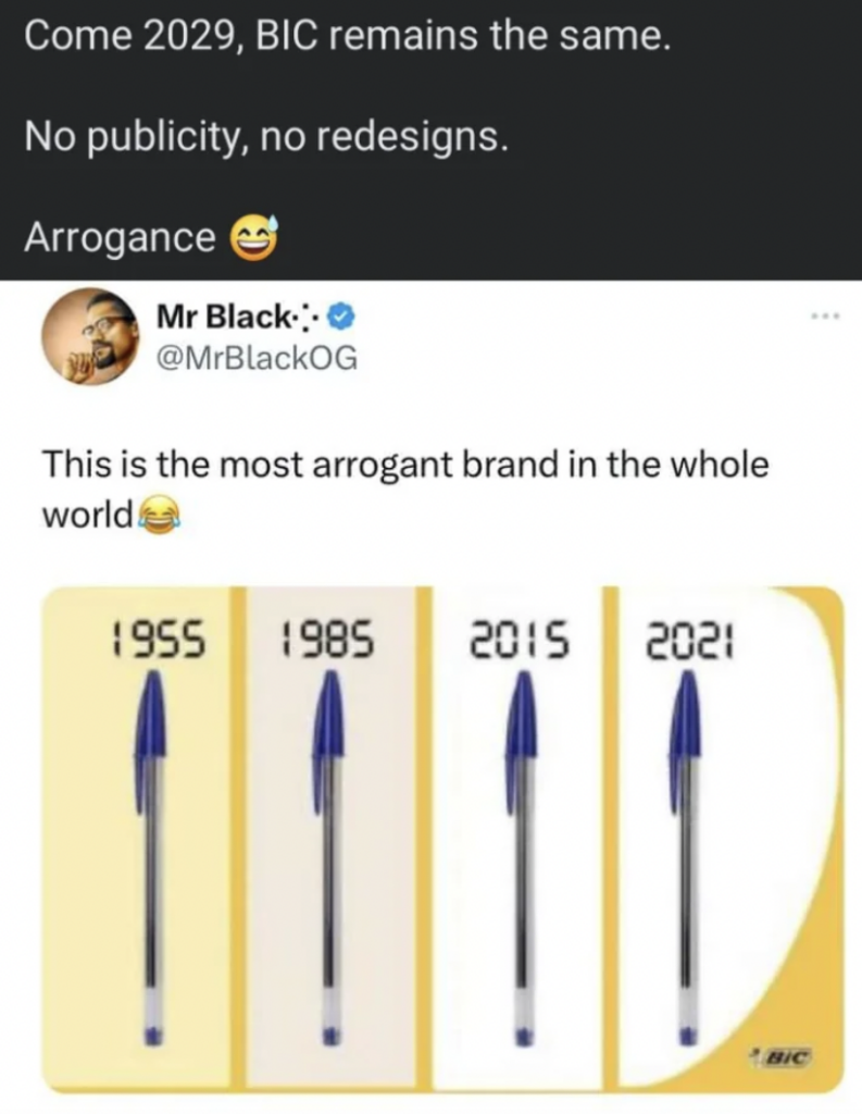 A screenshot of a Tweet from someone who complains about BIC not redesigning their pens. 