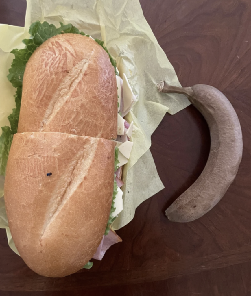 An image of a huge sandwich positioned next to a banana for scale. 