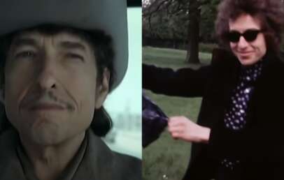 A collage of Bob Dylan in a cowboy hat next to Bob Dylan as a younger man in sunglasses.