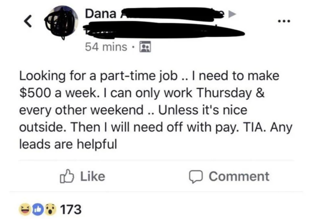 A Facebook post showing someone seeking a part-time job. The person needs to earn $500 per week, is available only on Thursdays and alternating weekends, and requires time off with pay when it's nice outside. The post has 173 reactions and several comments.