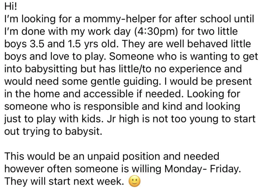 Text description: "Hi! I’m looking for a mommy-helper for after school until I’m done with my work day (4:30pm) for two little boys 3.5 and 1.5 yrs old... (etc). They will start next week." The message seeks a kind, responsible, and enthusiastic babysitter with or without experience.
