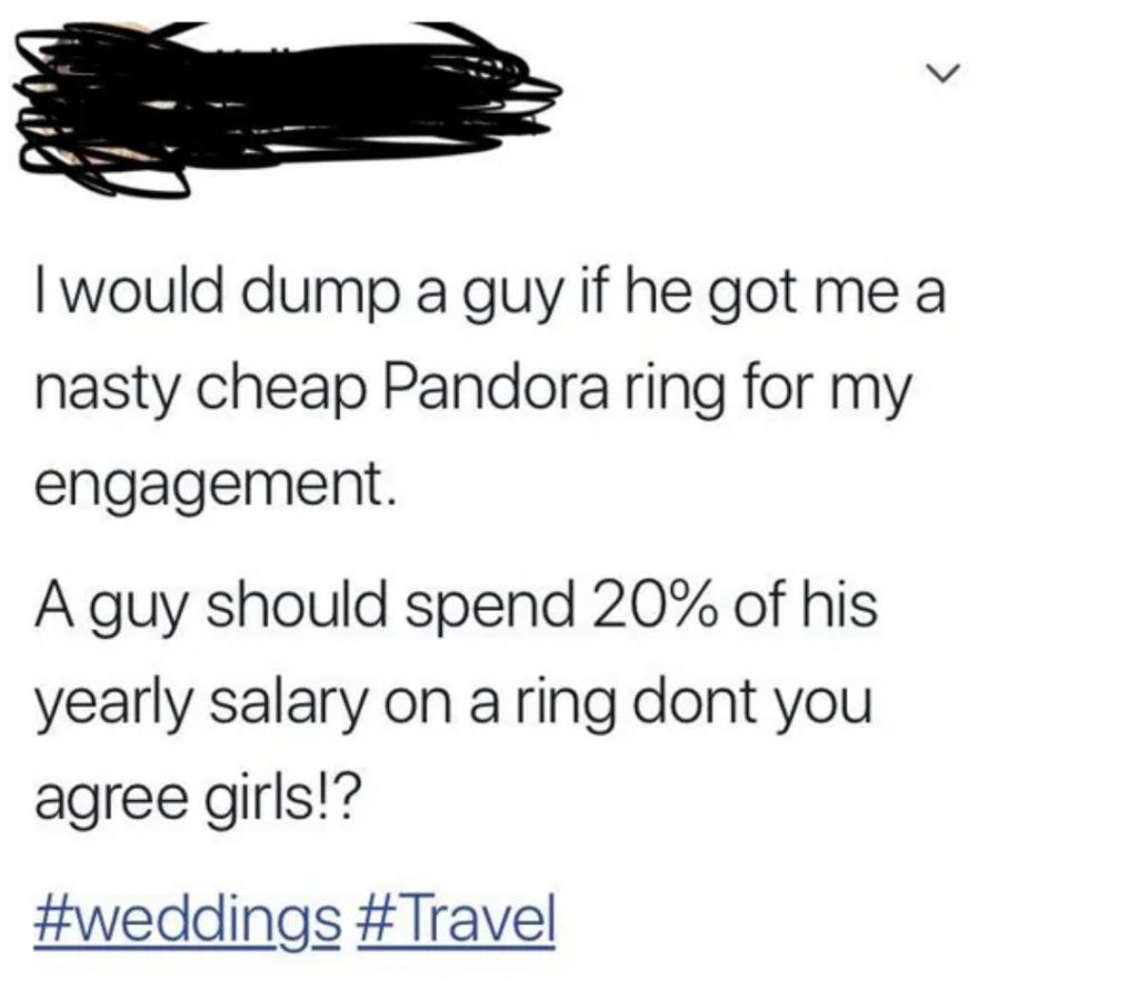 A social media post with text saying: "I would dump a guy if he got me a nasty cheap Pandora ring for my engagement. A guy should spend 20% of his yearly salary on a ring dont you agree girls!? #weddings #Travel" The username is blacked out.